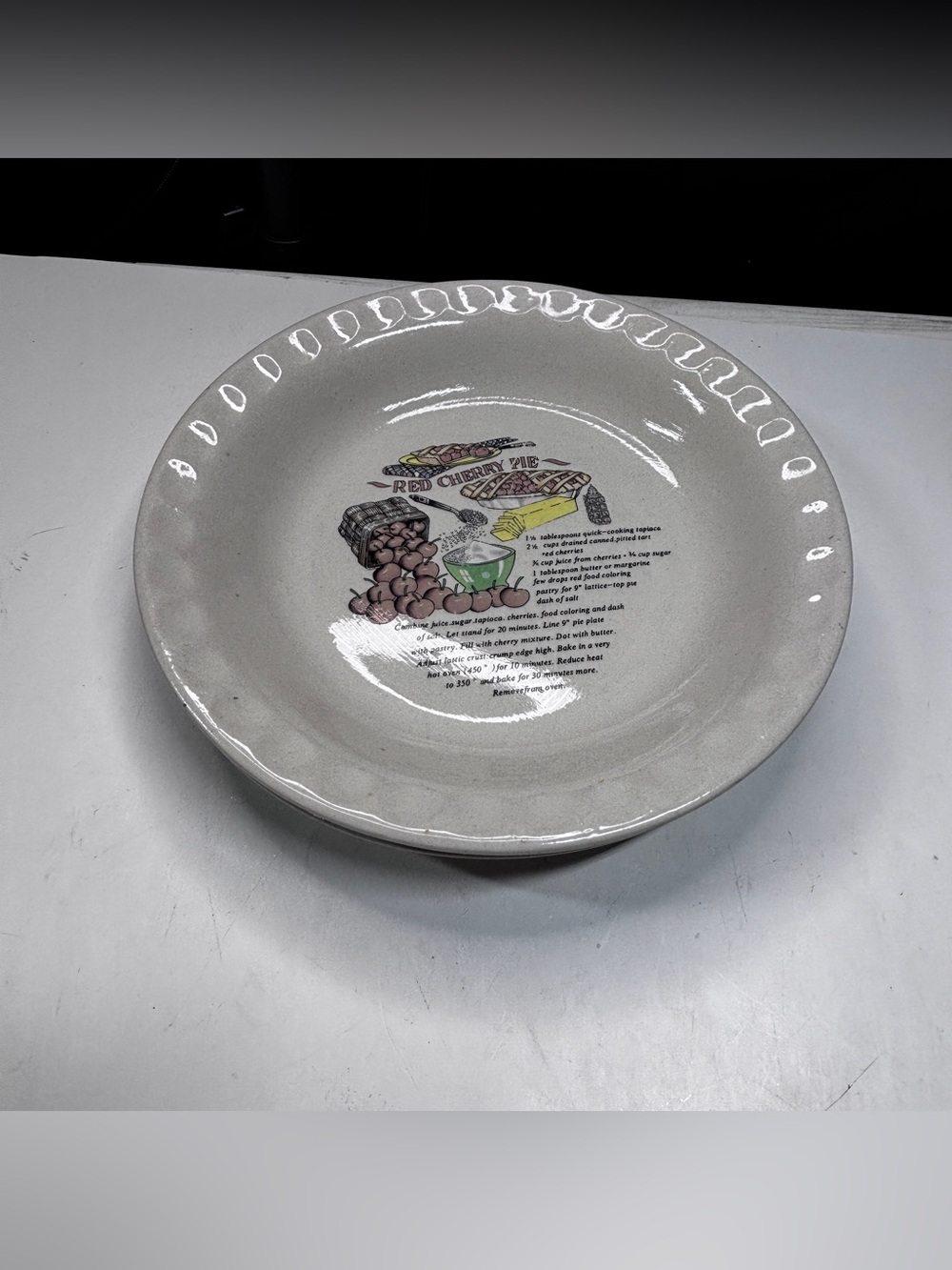 Vintage Red Cherry Pie Baking Dish Plate Recipe 10 Inch Ivory - Picture 4 of 5